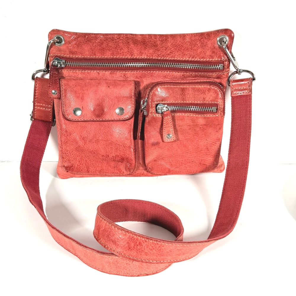 Fossil Red Pebbled Leather Multi Pocket Crossbody Bag Utility Messenger Festival